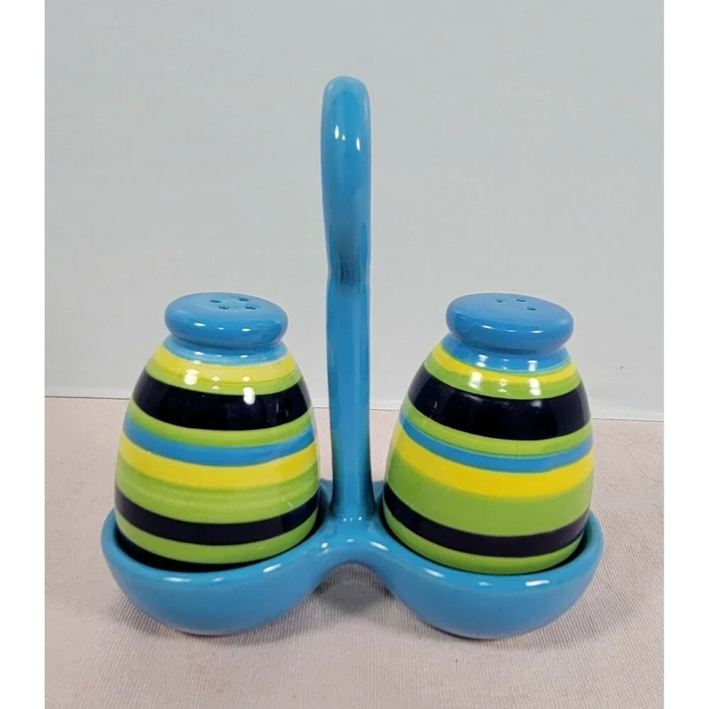 Ceramic Salt & Pepper Shakers with Holder- Blue green yellow multicolor